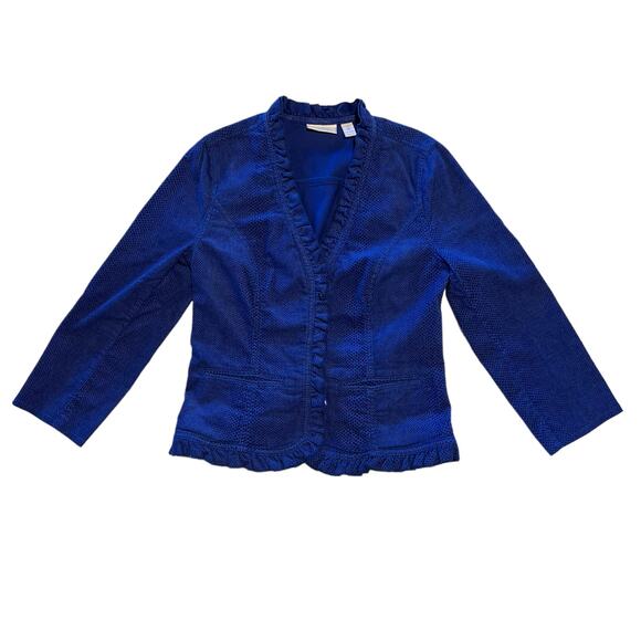 Chicos, 0, Royal Blue textured, V-neck Button Ruffled Jacket - Picture 3 of 11